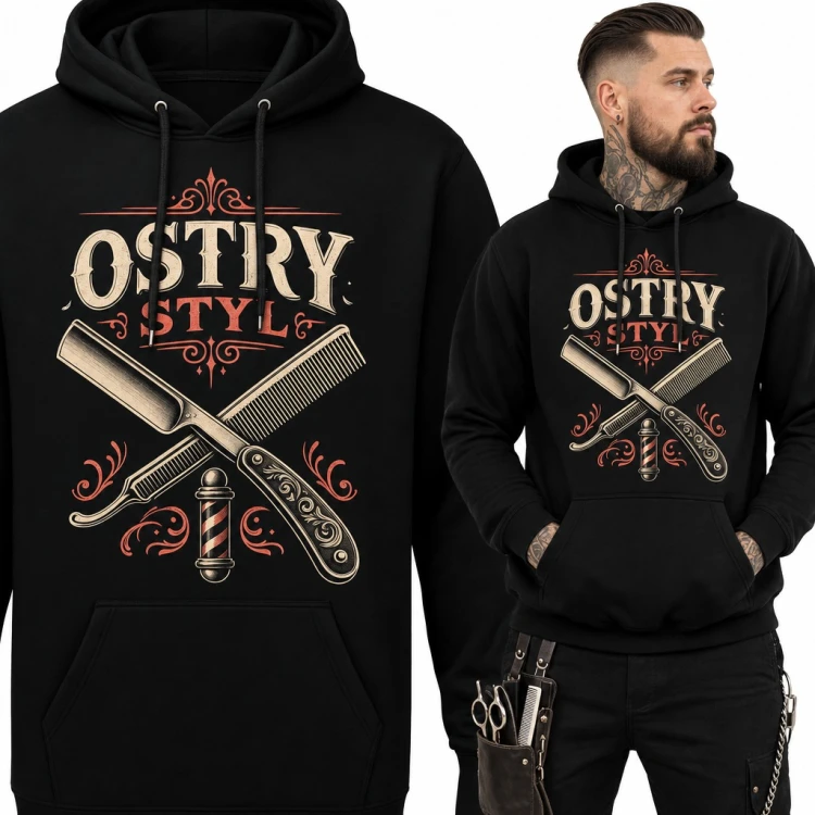 Bluza męska z kapturem - barber z brzytwą i grzebieniem „Ostry styl”