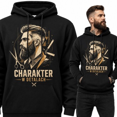Bluza męska z kapturem - brodacz barber i napis „Charakter w detalach”