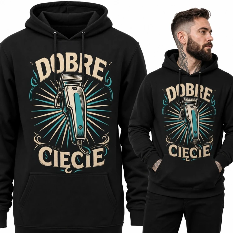 Bluza męska z kapturem - maszynka barberska i napis „Dobre cięcie” dla fryzjera
