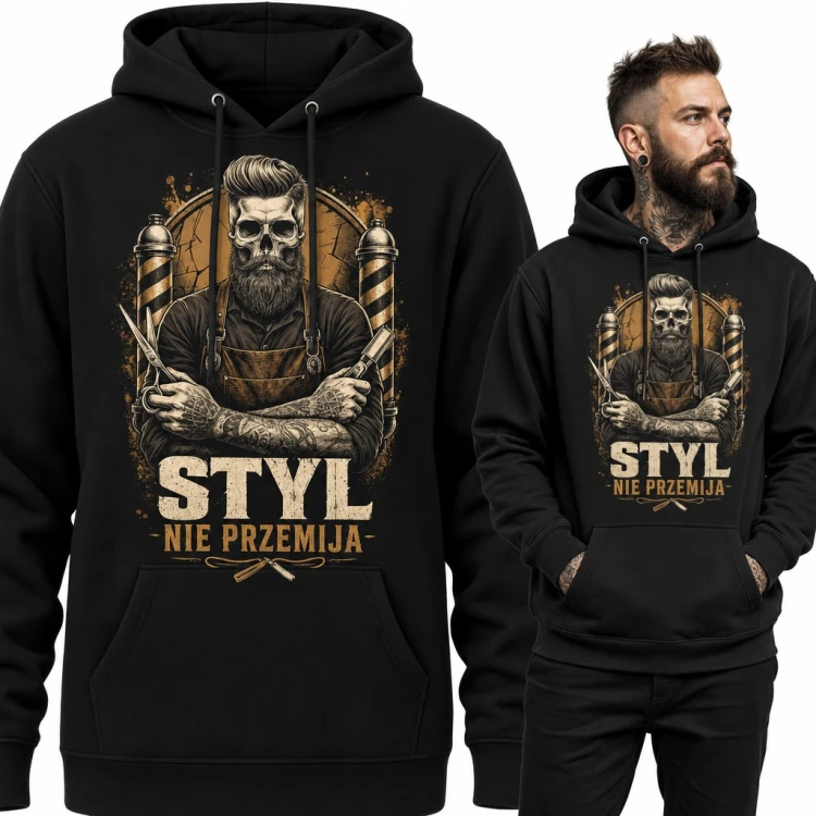 Bluza męska z kapturem - barber czaszka z brodą i brzytwą „Styl nie przemija”