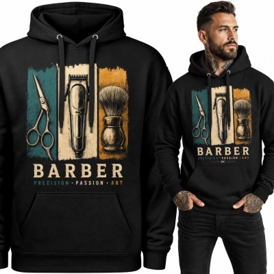 Bluza męska z kapturem „Barber” - nożyczki, maszynka i pędzel do golenia retro