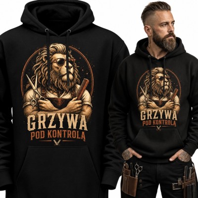 Bluza męska z kapturem - lew barber z nożyczkami „Grzywa pod kontrolą” dla fryzjera
