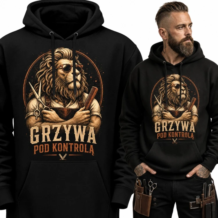 Bluza męska z kapturem - lew barber z nożyczkami „Grzywa pod kontrolą” dla fryzjera