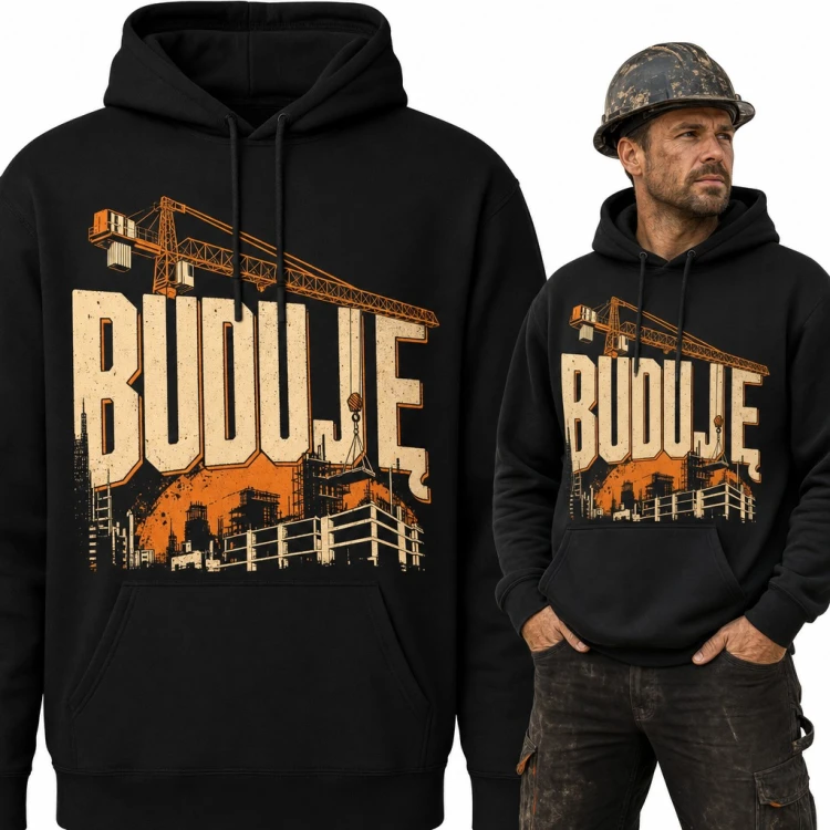 Bluza męska z kapturem - „Buduję” z żurawiem wieżowym dla budowlańca