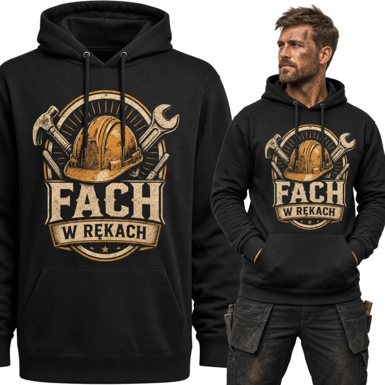Bluza męska z kapturem „Fach w rękach” - kask budowlany i narzędzia dla budowlańca