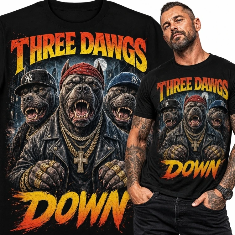 Koszulka męska z trzema warczącymi psami „Three Dawgs Down” - streetwear