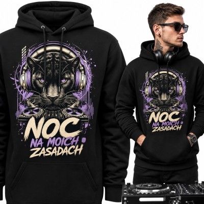 Bluza męska z kapturem - pantera DJ w słuchawkach „Noc na moich zasadach”
