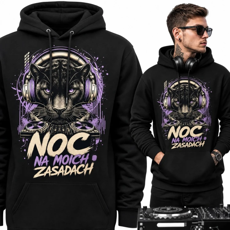 Bluza męska z kapturem - pantera DJ w słuchawkach „Noc na moich zasadach”
