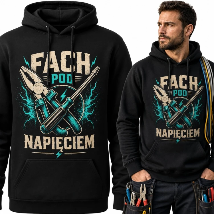 Bluza męska z kapturem „Fach pod napięciem” - dla elektryka z kombinerkami