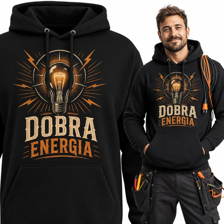 Bluza męska z kapturem - retro żarówka z błyskawicami „Dobra energia” dla elektryka