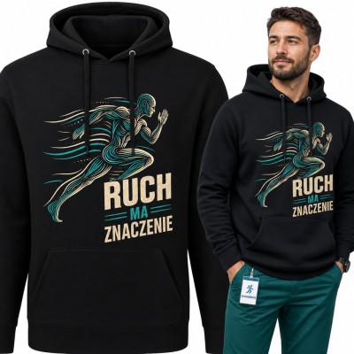 Bluza męska z kapturem - „Ruch ma znaczenie” z anatomicznym biegaczem dla fizjoterapeuty