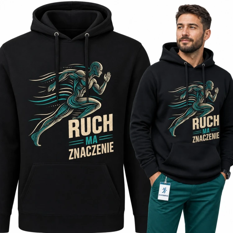 Bluza męska z kapturem - „Ruch ma znaczenie” z anatomicznym biegaczem dla fizjoterapeuty