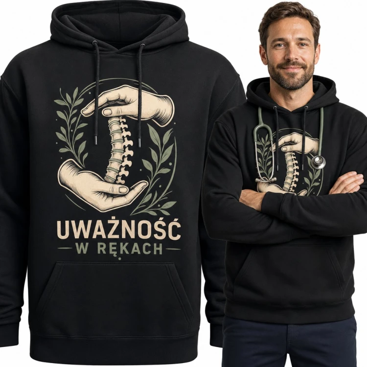Bluza męska z kapturem - „Uważność w rękach” z kręgosłupem dla fizjoterapeuty