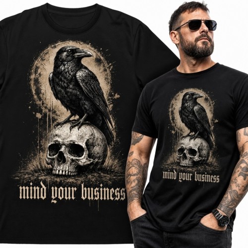 Koszulka męska z krukiem na czaszce i napisem „Mind your business”