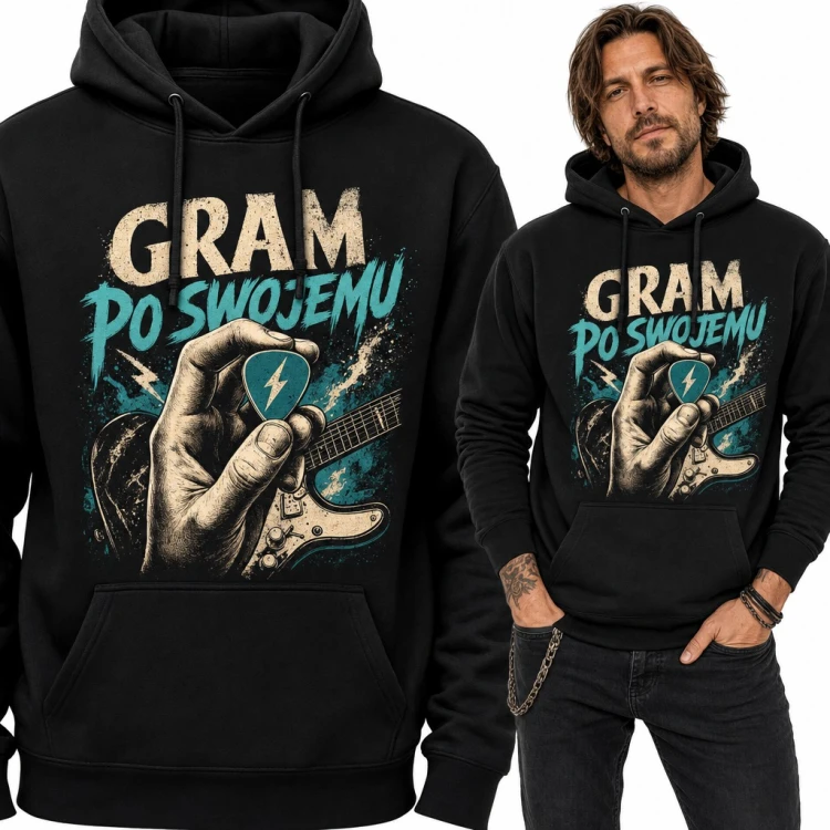 Bluza męska z kapturem „Gram po swojemu” - kostka i gitara elektryczna dla gitarzysty