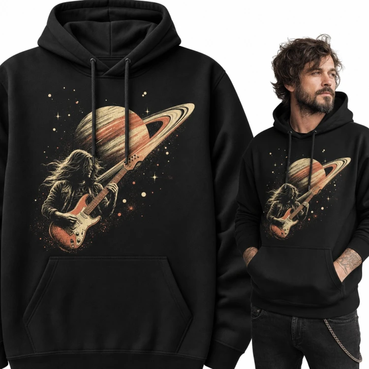 Bluza męska z kapturem - gitarzysta rockowy grający na tle Saturna