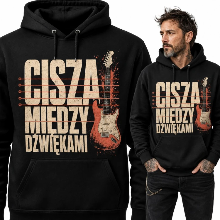 Bluza męska z kapturem - „Cisza między dźwiękami” z gitarą elektryczną dla gitarzysty