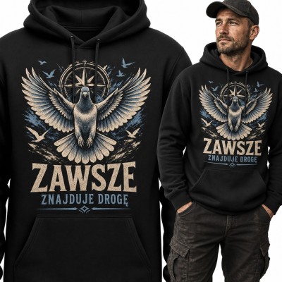 Bluza męska z kapturem - gołąb pocztowy z różą wiatrów „Zawsze znajduje drogę” dla hodowcy gołębi