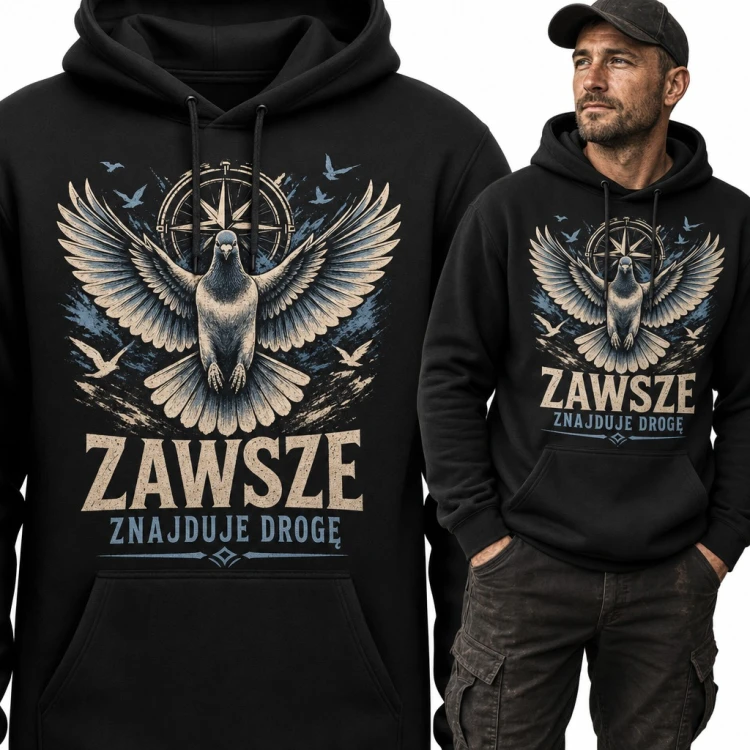 Bluza męska z kapturem - gołąb pocztowy z różą wiatrów „Zawsze znajduje drogę” dla hodowcy gołębi