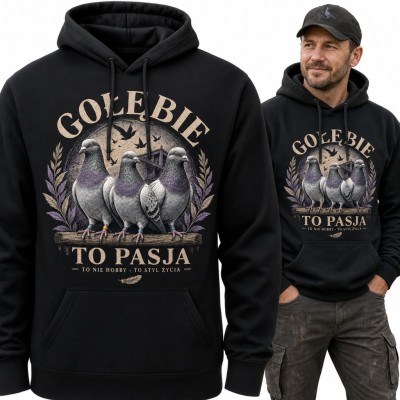 Bluza męska z kapturem - „Gołębie to pasja” z trzema gołębiami pocztowymi dla gołębiarza