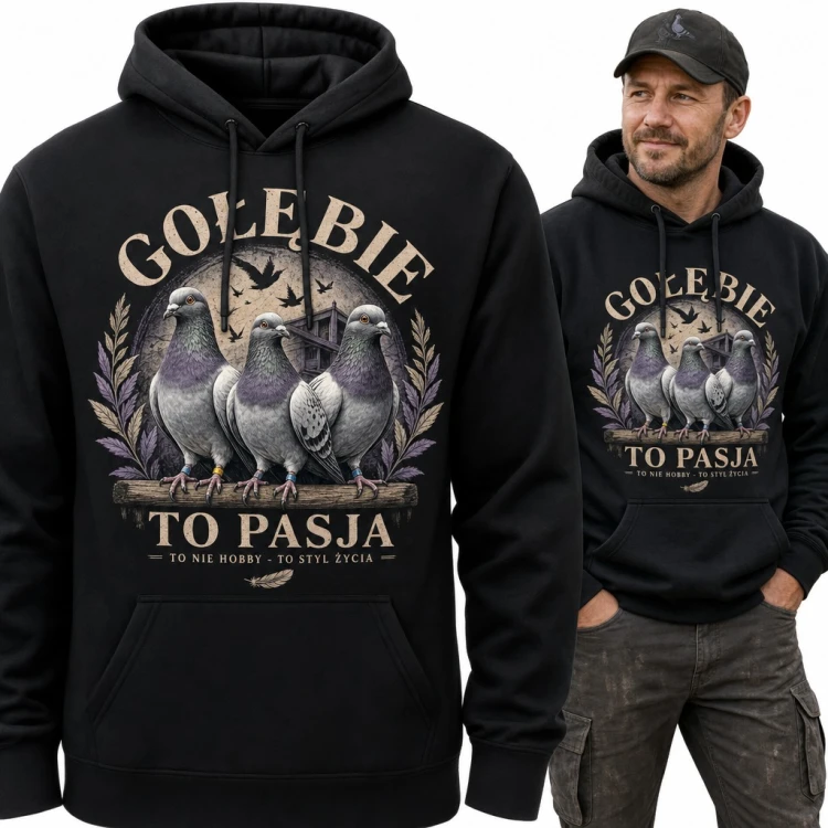 Bluza męska z kapturem - „Gołębie to pasja” z trzema gołębiami pocztowymi dla gołębiarza