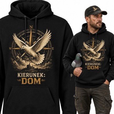 Bluza męska z kapturem - gołąb pocztowy i róża wiatrów „Kierunek: Dom” dla gołębiarza