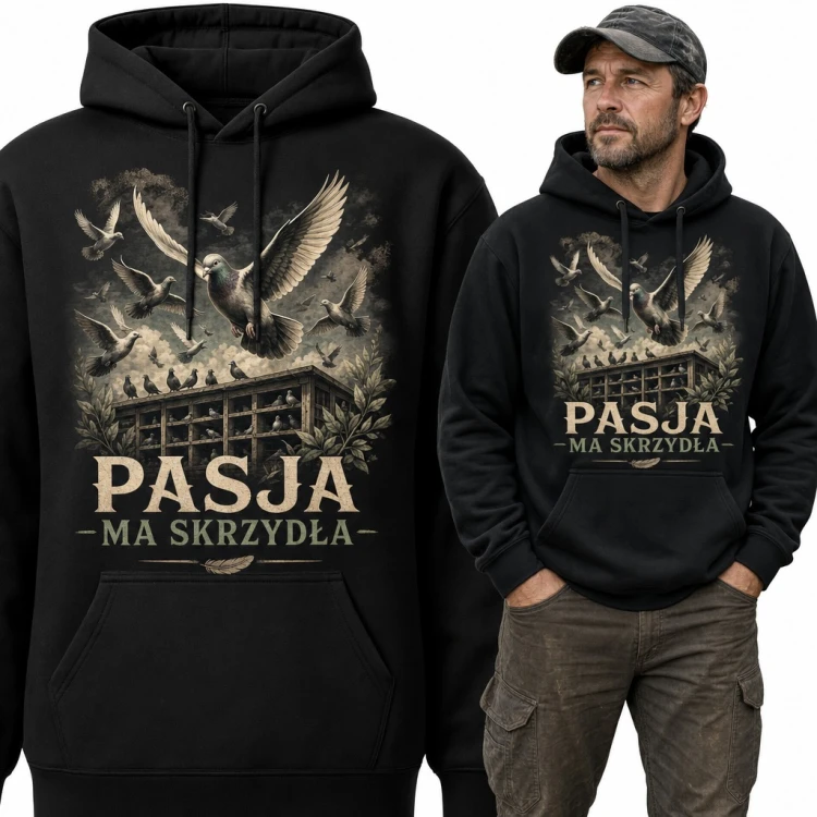 Bluza męska z kapturem „Pasja ma skrzydła” - gołębie i gołębnik dla hodowcy gołębi