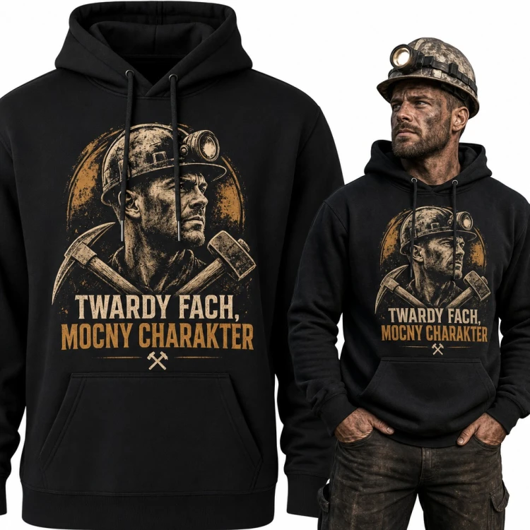 Bluza męska z kapturem - górnik z kilofem i młotem „Twardy fach, mocny charakter”