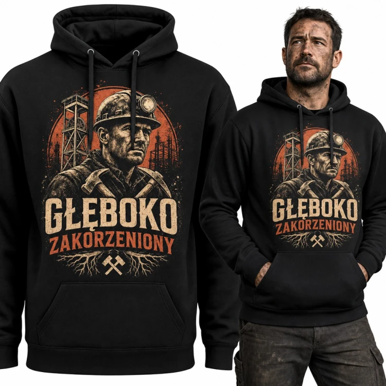 Bluza męska z kapturem - górnik w kasku i szyb kopalni „Głęboko zakorzeniony”