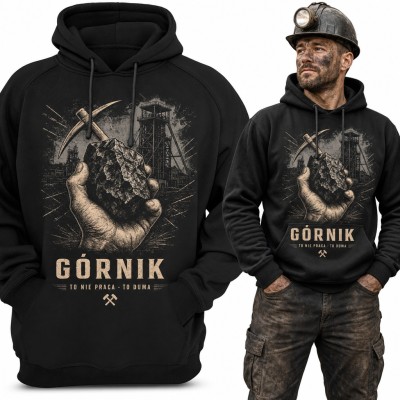 Bluza męska z kapturem - górnik z bryłą węgla i szybem kopalni „Górnik to nie praca - to duma”