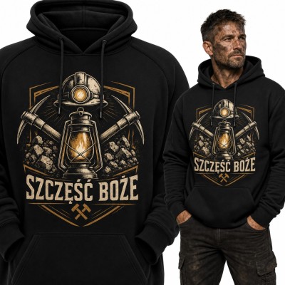 Bluza męska z kapturem - „Szczęść Boże” z lampą górniczą i kilofami dla górnika