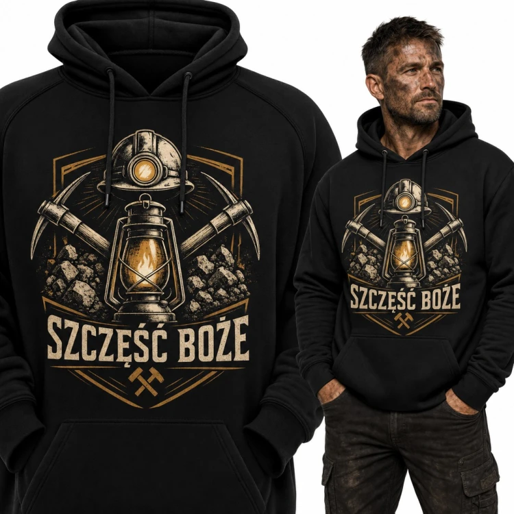 Bluza męska z kapturem - „Szczęść Boże” z lampą górniczą i kilofami dla górnika
