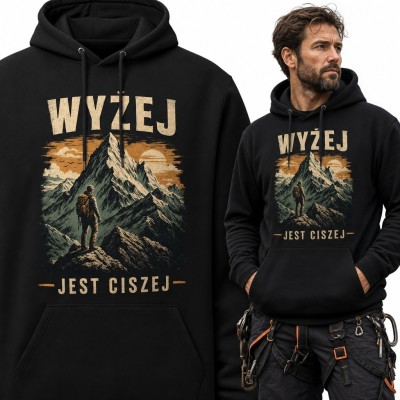 Bluza męska z kapturem - „Wyżej jest ciszej” z turystą na górskim szczycie