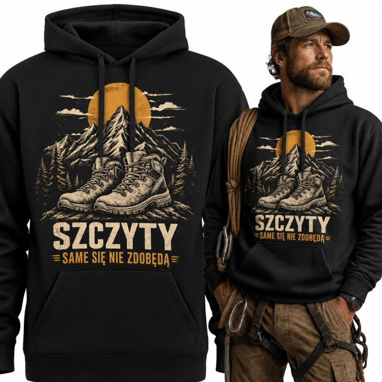 Bluza męska z kapturem - „Szczyty same się nie zdobędą” z butami trekkingowymi dla turysty górskiego