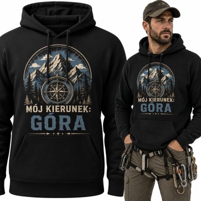 Bluza męska z kapturem - „Mój kierunek: Góra” z kompasem i górskimi szczytami