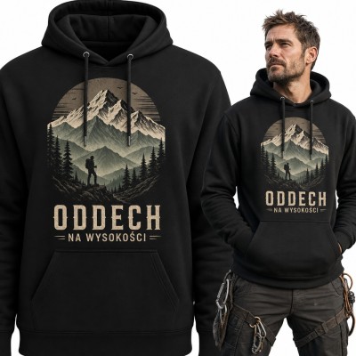 Bluza męska z kapturem - turysta na tle ośnieżonych szczytów „Oddech na wysokości”