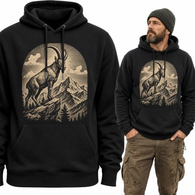 Bluza męska z kapturem - koziorożec alpejski na skale w górach