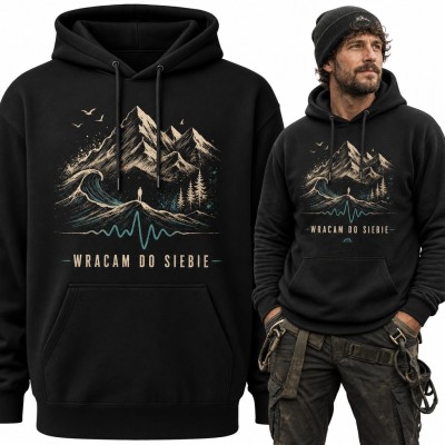 Bluza męska z kapturem - góry, fala i puls z napisem „Wracam do siebie”