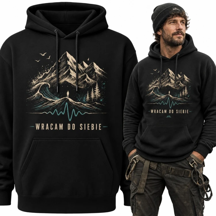 Bluza męska z kapturem - góry, fala i puls z napisem „Wracam do siebie”