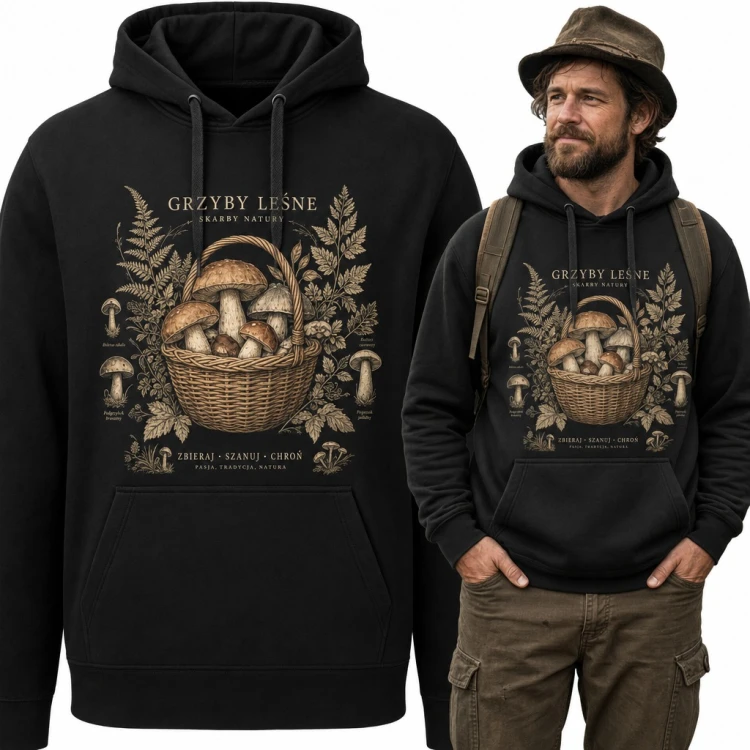 Bluza męska z kapturem - „Grzyby leśne skarby natury” z koszem prawdziwków dla grzybiarza