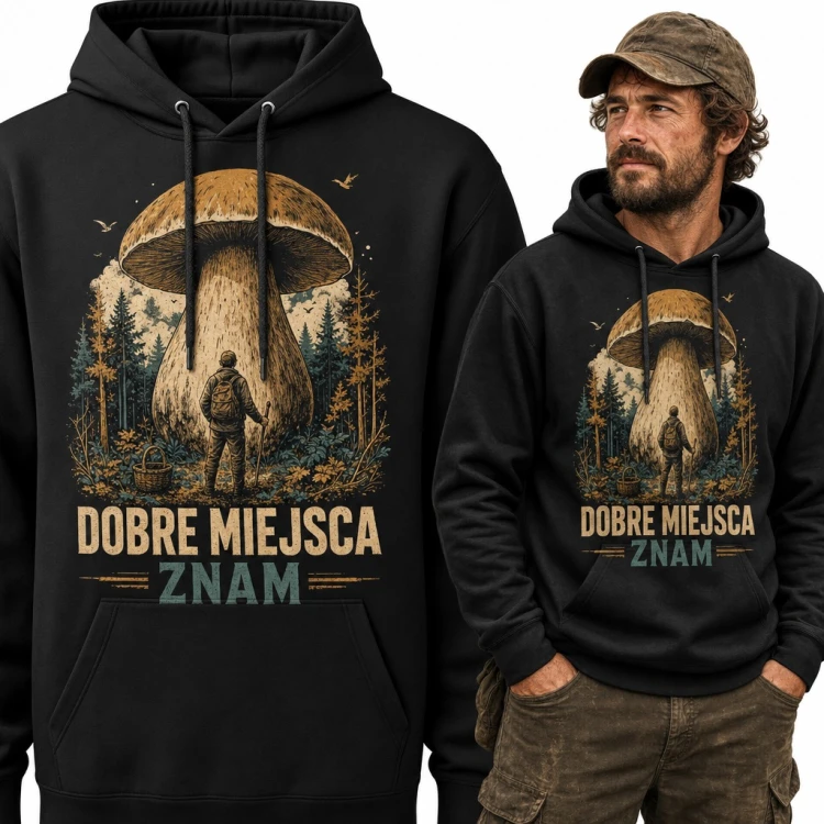 Bluza męska z kapturem - grzybiarz i ogromny borowik „Dobre miejsca znam”