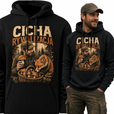 Bluza męska z kapturem „Cicha rywalizacja” - grzybiarz i lis przy koszu borowików
