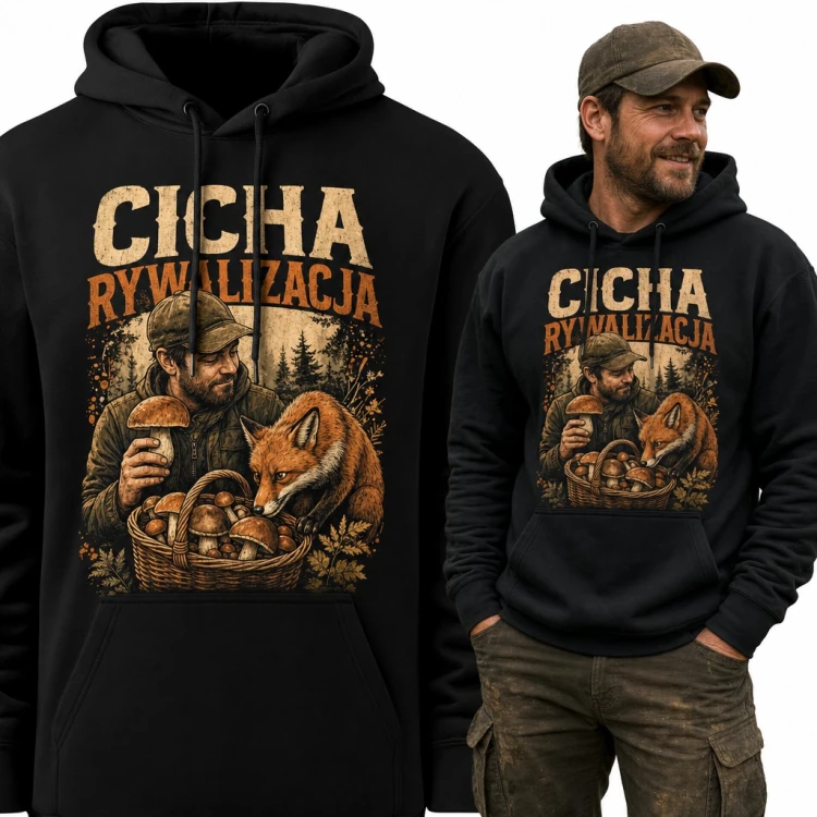 Bluza męska z kapturem „Cicha rywalizacja” - grzybiarz i lis przy koszu borowików