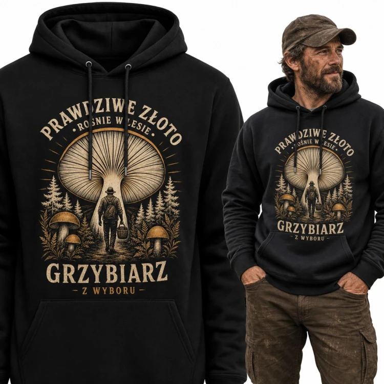 Bluza męska z kapturem „Prawdziwe złoto rośnie w lesie - Grzybiarz z wyboru” - dla miłośnika grzybobrania