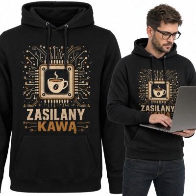 Bluza męska z kapturem „Zasilany kawą” - procesor z filiżanką dla programisty