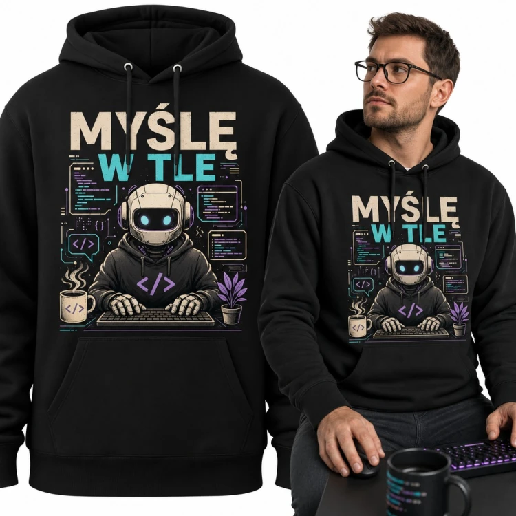 Bluza męska z kapturem - „Myślę w tle” robot programista przy klawiaturze