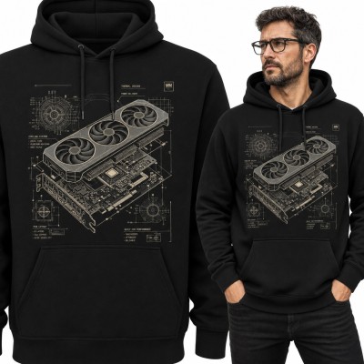 Bluza męska z kapturem - karta graficzna GPU w stylu technicznego rysunku dla gracza