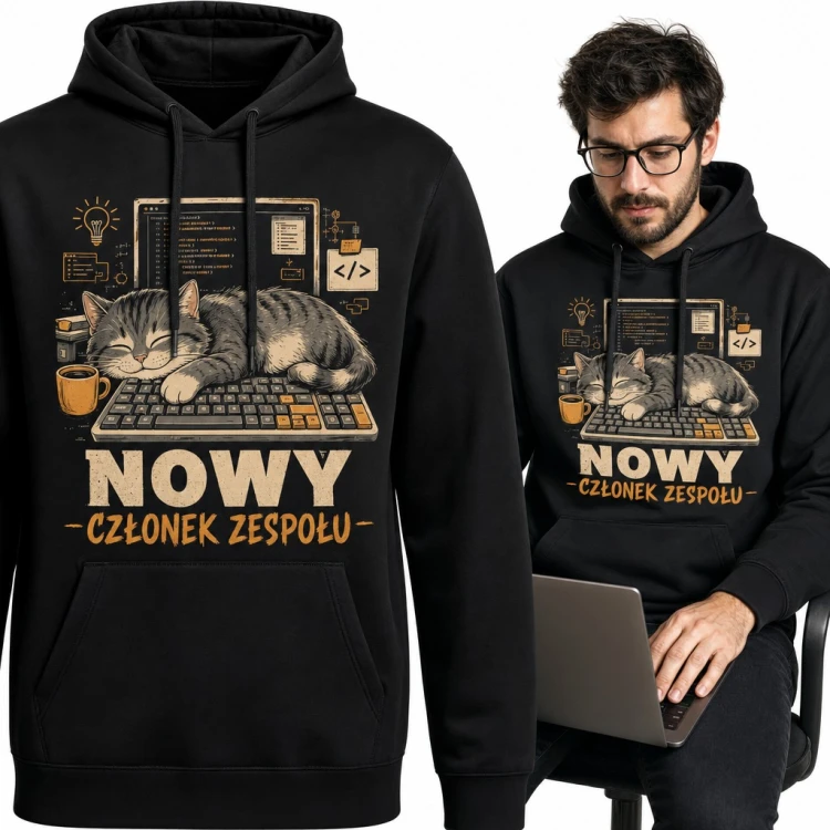 Bluza męska z kapturem - kot na klawiaturze „Nowy członek zespołu” dla programisty