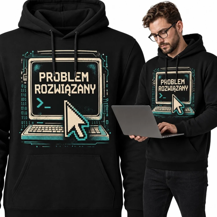 Bluza męska z kapturem - „Problem rozwiązany” z retro komputerem dla informatyka