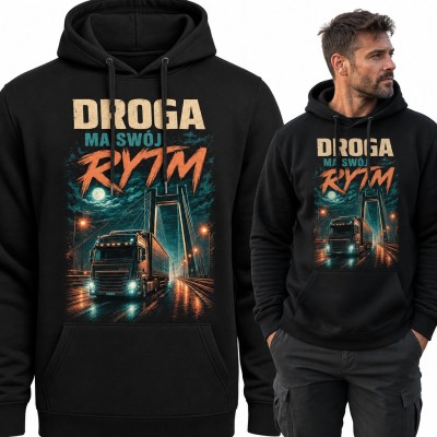 Bluza męska z kapturem - „Droga ma swój rytm” z TIR-em na nocnym moście dla kierowcy